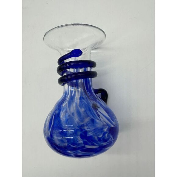 Murano Style Glass Vase Hand Blown w/ Handle 5” Blue - Picture 8 of 9